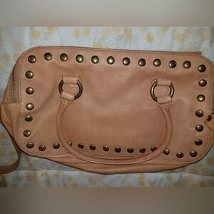 JCrew Leather Studded Satchel Tan Nude Neutral with Shoulder Strap Large